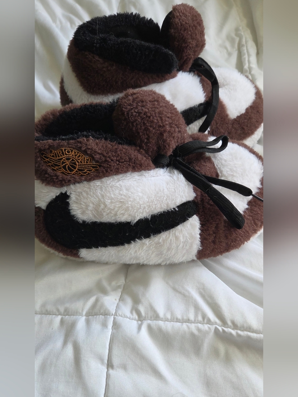 Brown & White Plush Slipper Booties